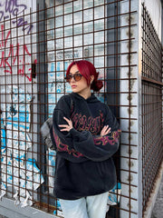 Flame Letter Washed Hooded Sweatshirt