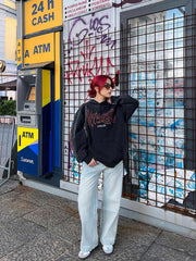 Flame Letter Washed Hooded Sweatshirt