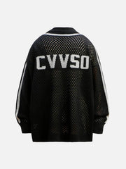 Jacquard Mesh Knit Zipper Polo Sweater