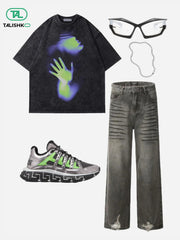 Line Print Washed Loose Jeans