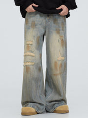Mud Dyeing Distressed Vintage Fade Jeans