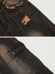Multi-Pocket Ribbon Raw Edge Jeans