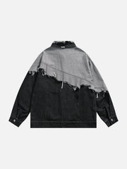 Paneled Color Contrast Ripped Denim Jacket