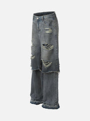 Retro Distressed Faux Two-Piece Ripped Jeans