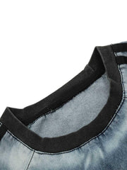 Retro Letter Embroidery Contrast Denim T-Shirt