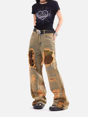 Retro Patchwork Camouflage Flared Jeans