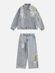 Ripped Lace Panel Denim Jacket