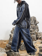Slub Cotton Patchwork Frayed Jeans