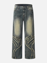 Abstract Pattern Raw Edge Patchwork Jeans