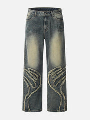 Abstract Pattern Raw Edge Patchwork Jeans