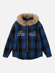 Beaded Fur Collar Padded Plaid Jacket