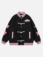 Buttoned Star Embroidered Baseball Jacket