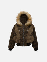 Camouflage Spliced Fur Hooded Fleece Jacket