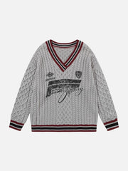 Colorblock Lettering V-Neck Sweater