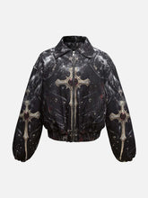 Cross Printed Zip Up Quilted Bomber Jacket