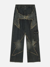 Distressed Effect Patchwork Star Denim Jeans