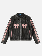Embroidery Bow Faux Leather Jacket