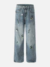 Embroidery Flower Washed Jeans