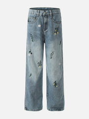 Embroidery Flower Washed Jeans