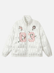 Floral Letter Embroidered Stand Collar Cotton Coat
