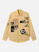 Graffiti Letter Print Long Sleeve Plaid Polo Shirt