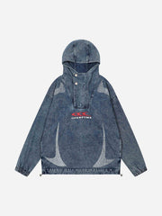 High-Neck Hooded Wash Denim Jacket