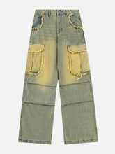 Multi Pocket Fringe Washed Jeans
