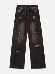 Multi-Pocket Ribbon Raw Edge Jeans