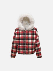 Plaid Sherpa Lined Fur Hooded Jacket