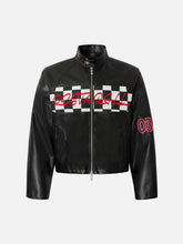 Plaid Stitching Motorcycle Leather Jacket
