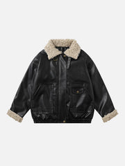 Plush Collar Faux Leather Jacket