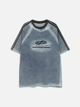Retro Letter Embroidery Contrast Denim T-Shirt
