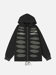 Ripped Drawstring Zip-Up Jacket
