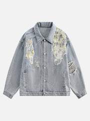 Ripped Lace Panel Denim Jacket