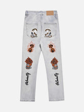 Skull Flame Monogram Embroidered Slim Fit Jeans