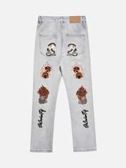 Skull Flame Monogram Embroidered Slim Fit Jeans