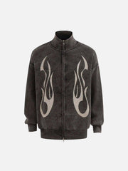 Vintage Flame Jacquard Stand Collar Cardigan