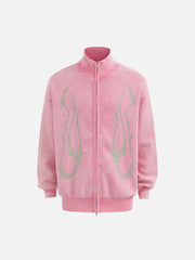 Vintage Flame Jacquard Stand Collar Cardigan