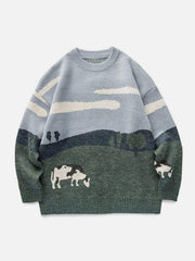 Vintage Prairie Cow Pattern Streetwear Sweater
