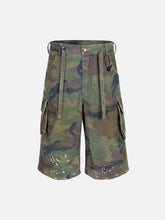 Washed Destroyed Camouflage Drawstring Cargo Shorts