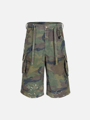 Washed Destroyed Camouflage Drawstring Cargo Shorts