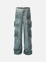 Washed Distressed Cargo Pocket Jeans