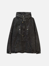 Washed Distressed Denim Zip-Up Hoodie