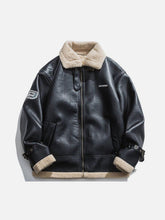 Zipper Lapel PU Borg Jacket