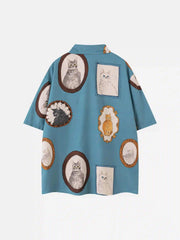 Vintage Cat Print Short Sleeve Shirt