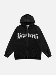 Vintage Letter Print Zipper Hoodie