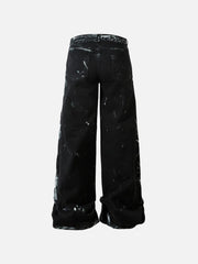 Vintage Painted Wide-Leg Pleated Jeans