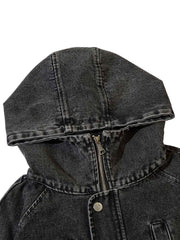 Washed Distressed Denim Zip-Up Hoodie