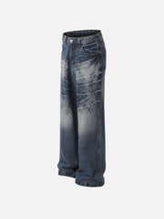 Washed Lightning Print Loose Jeans
