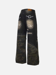Washed Panel Camouflage Jeans